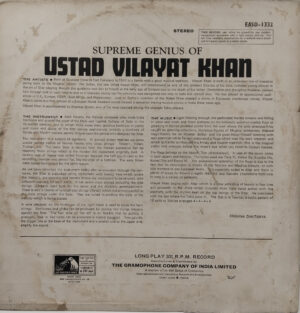 Vilayat Khan - The Supreme Genius Of - EASD 1332 - HCL - Indian Classical Instrumental LP Vinyl Record