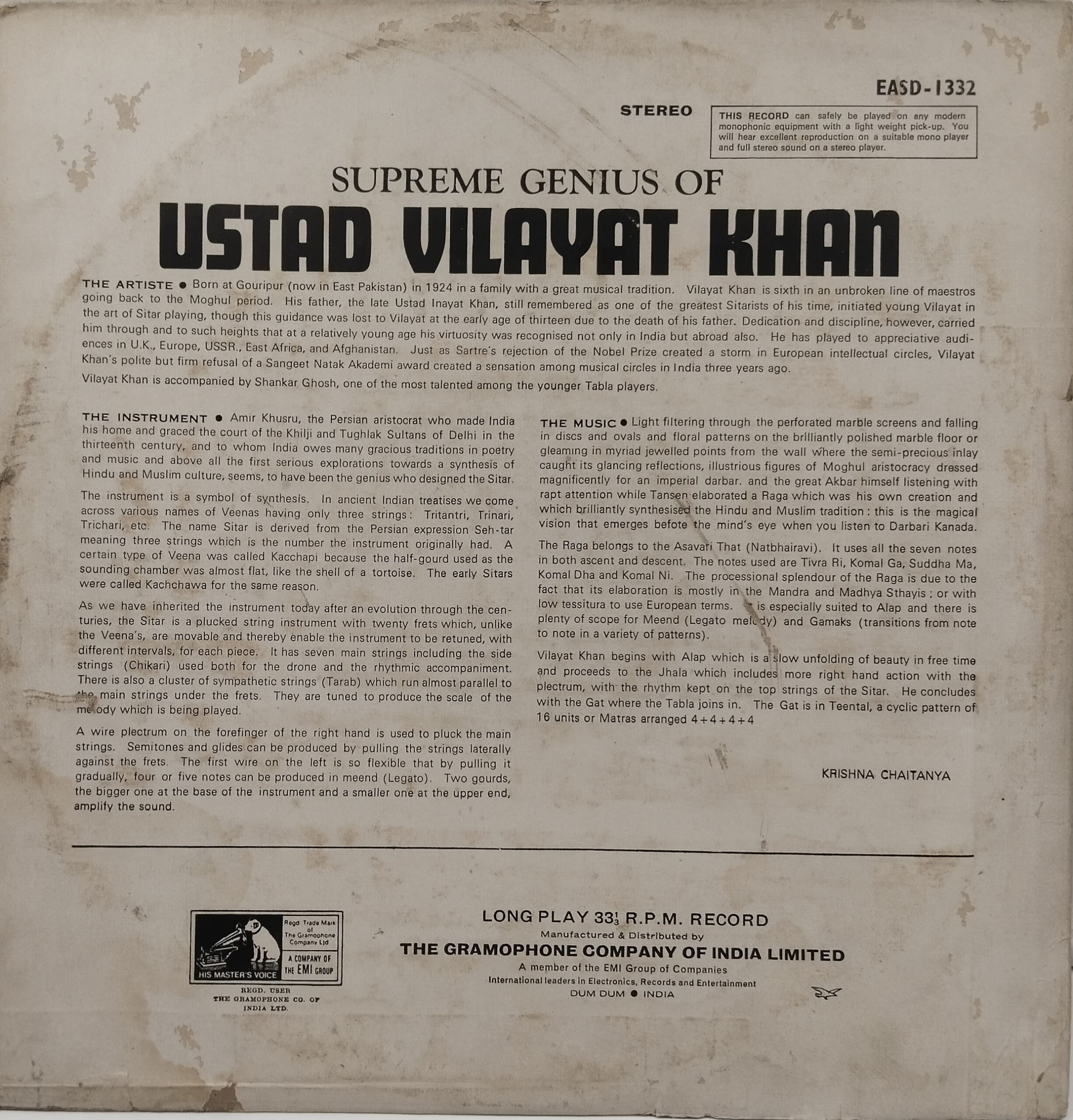 Vilayat Khan - The Supreme Genius Of - EASD 1332 - HCL - Indian Classical Instrumental LP Vinyl Record Vilayat Khan - The Supreme Genius Of - EASD 1332 - HCL - Indian Classical Instrumental LP Vinyl Record