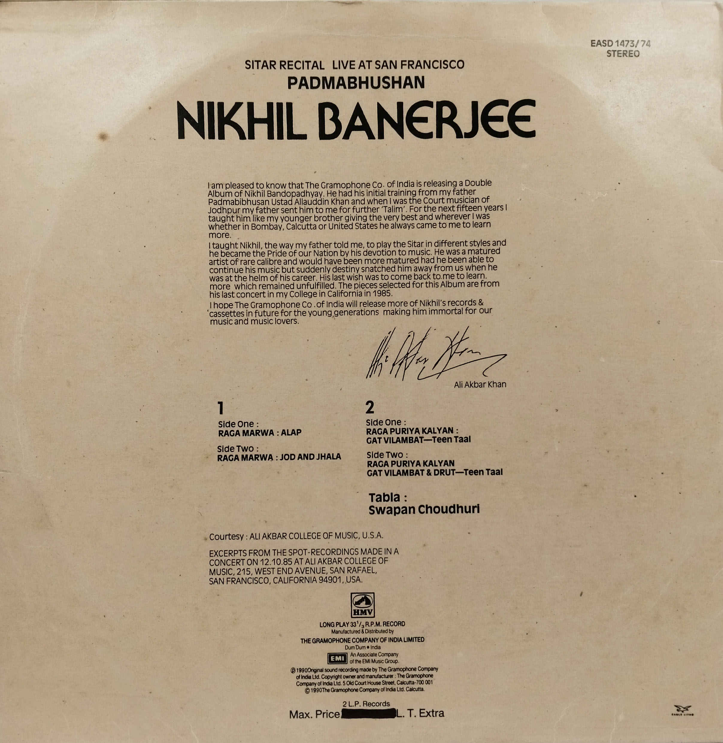 Nikhil Banerjee – Sitar Recital Live at San Francisco - EASD 1473/74 - 2LP - Indian Classical Instrumental LP Vinyl Record Nikhil Banerjee – Sitar Recital Live at San Francisco - EASD 1473/74 - 2LP - Indian Classical Instrumental LP Vinyl Record