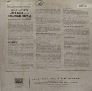 Jaya Bose And Himangshu Biswas – Sitar And Flute - ECSD 2372 – HMV Black Label - Indian Classical Instrumental LP Vinyl Record