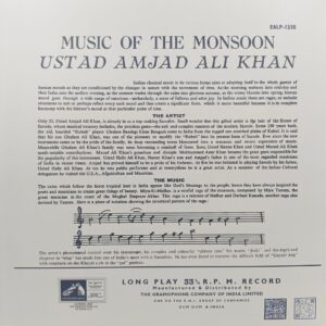Amjad Ali Khan - Music of The Mansoon - EASD 1330 - CR- Indian Classical Instrumental LP Vinyl Record