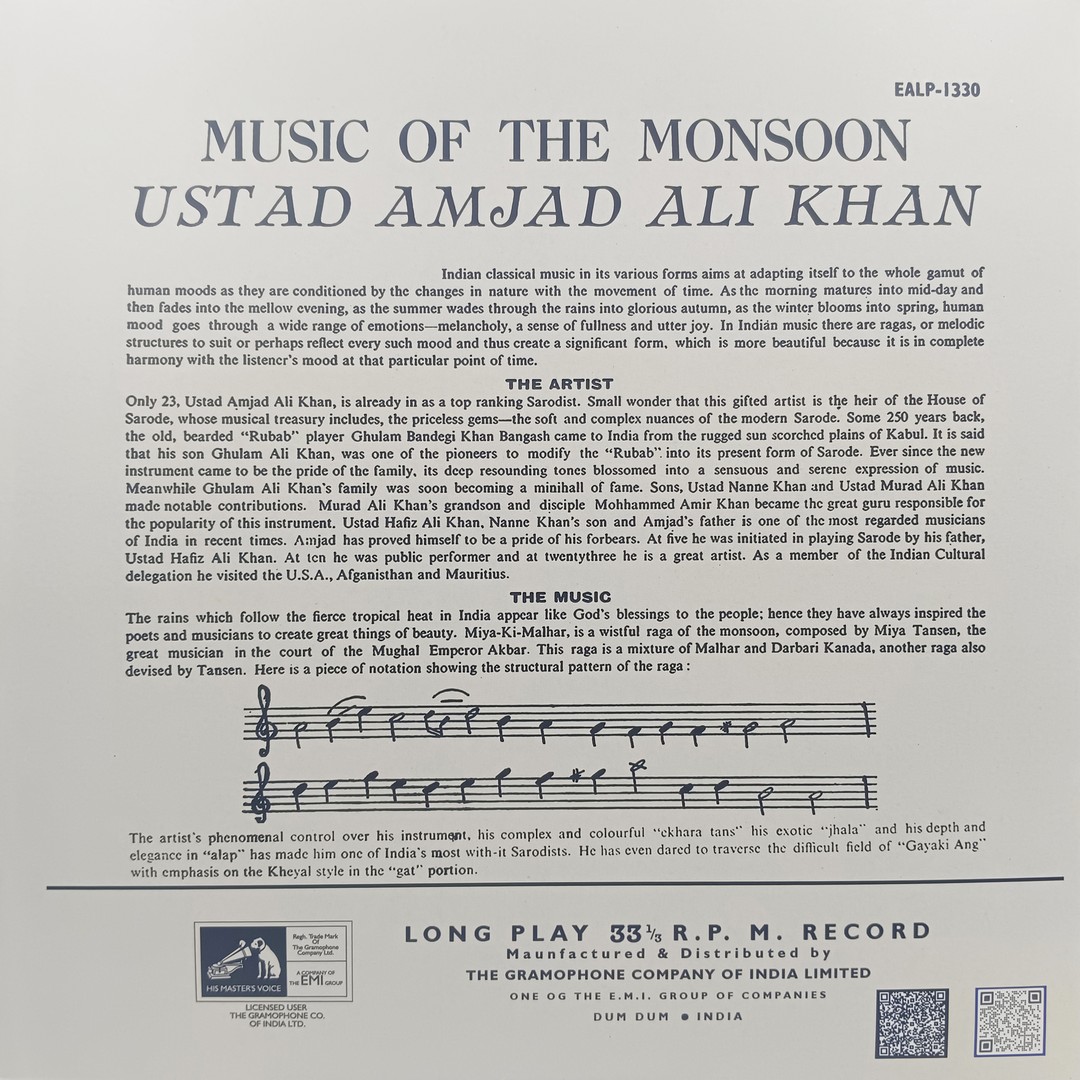 Amjad Ali Khan - Music of The Mansoon - EASD 1330 - CR- Indian Classical Instrumental LP Vinyl Record Amjad Ali Khan - Music of The Mansoon - EASD 1330 - CR- Indian Classical Instrumental LP Vinyl Record