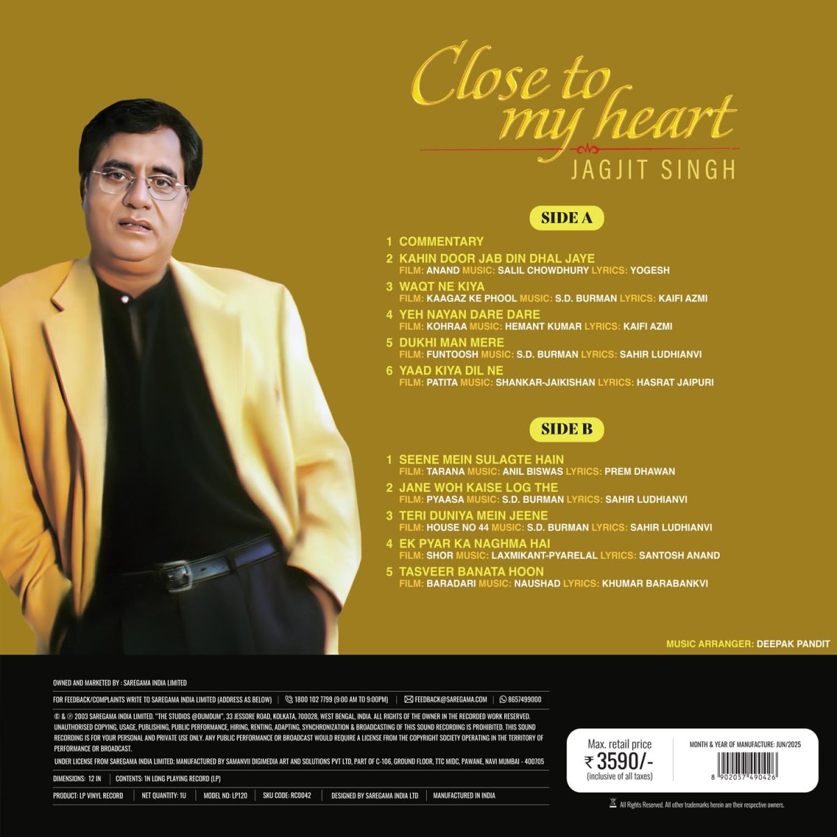 Jagjit Singh – Close To My Heart – 8902057490426 – New Released Hindi LP Vinyl Record Jagjit Singh – Close To My Heart – 8902057490426 – New Released Hindi LP Vinyl Record