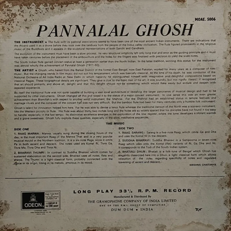 Pannalal Ghosh - The Magic Flute of - MOAE 5006 – Indian Classical Instrumental LP Vinyl Pannalal Ghosh - The Magic Flute of - MOAE 5006 – Indian Classical Instrumental LP Vinyl