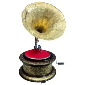 Vintage Replica Round Wooden Working Gramophone Golden Covered With Brass Sheet Design - GRM8 – (Free – 1 Pcs : 78 RPM Record & 100 Pcs Needles Box)