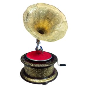 Vintage Replica Round Wooden Working Gramophone Golden Covered With Brass Sheet Design - GRM8 – (Free – 1 Pcs : 78 RPM Record & 100 Pcs Needles Box)