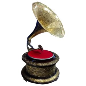 Vintage Replica Round Wooden Working Gramophone Golden Covered With Brass Sheet Design - GRM8 – (Free – 1 Pcs : 78 RPM Record & 100 Pcs Needles Box)