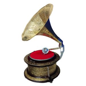 Vintage Replica Round Wooden Working Gramophone Golden Covered With Brass Sheet Design - GRM8 – (Free – 1 Pcs : 78 RPM Record & 100 Pcs Needles Box)