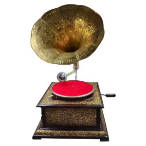 Vintage Replica 4 Corner Wooden Working Gramophone Golden Design With Brass Pillars - GRM9 - (Free - 1 Pcs : 78 RPM Record & 100 Pcs Needles Box)
