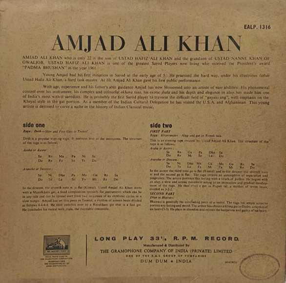 Ali Akbar Khan - EALP 1316 - Indian Classical Instrumental LP Vinyl Record Ali Akbar Khan - EALP 1316 - Indian Classical Instrumental LP Vinyl Record