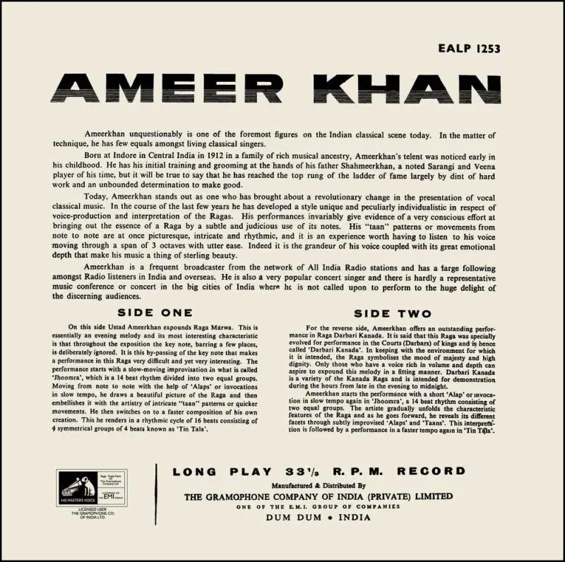 Amir Khan - EALP 1253 - HRL - (80-85%) - CR - Indian Classical Vocal LP Vinyl Amir Khan - EALP 1253 - HRL - (80-85%) - CR - Indian Classical Vocal LP Vinyl