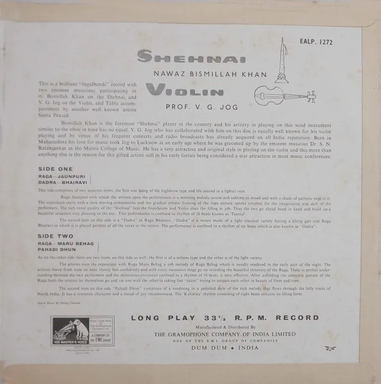 Bismilah Khan & V. G. Jog - EALP 1272 - (90-95%) - HMV Red Label - Indian Classical Instrumental LP Vinyl Record Bismilah Khan & V. G. Jog - EALP 1272 - (90-95%) - HMV Red Label - Indian Classical Instrumental LP Vinyl Record