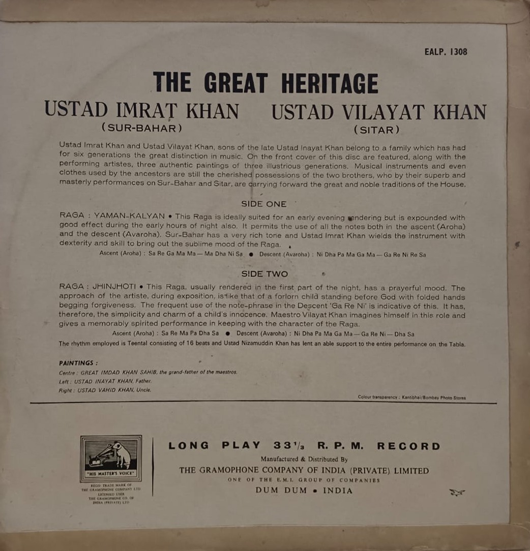 Imrat Khan And Vilayat Khan – The Great Heritage – EALP 1308 – HRL – (85-90%) – LP Vinyl Record Imrat Khan And Vilayat Khan – The Great Heritage – EALP 1308 – HRL – (85-90%) – LP Vinyl Record