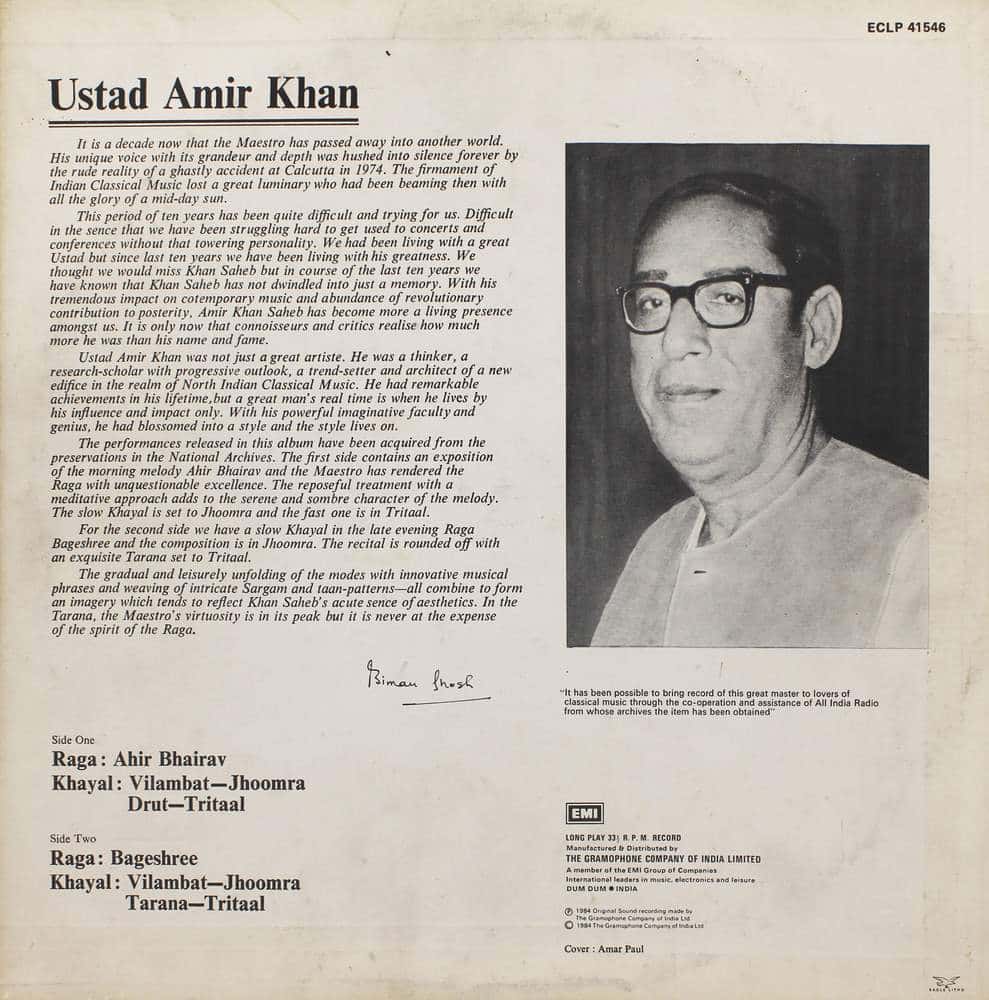 Amir Khan - ECLP 41546 - (90-95%) - Indian Classical Vocal LP Vinyl Record Amir Khan - ECLP 41546 - (90-95%) - Indian Classical Vocal LP Vinyl Record