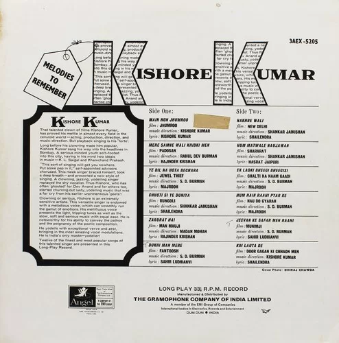 Kishore Kumar - Melodies To Remember - 3AEX 5205 - (Condition 90-95%) - Angel - LP Record Kishore Kumar - Melodies To Remember - 3AEX 5205 - (Condition 90-95%) - Angel - LP Record