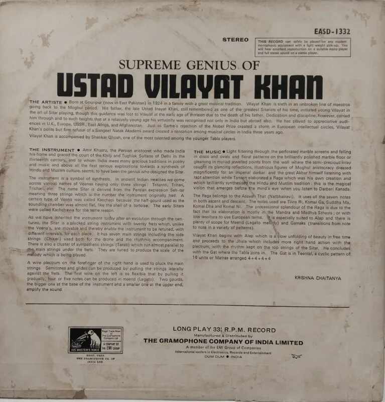 Vilayat Khan - The Supreme Genius Of - EASD 1332 - (90-95%) - Indian Classical Instrumental LP Vinyl Record Vilayat Khan - The Supreme Genius Of - EASD 1332 - (90-95%) - Indian Classical Instrumental LP Vinyl Record