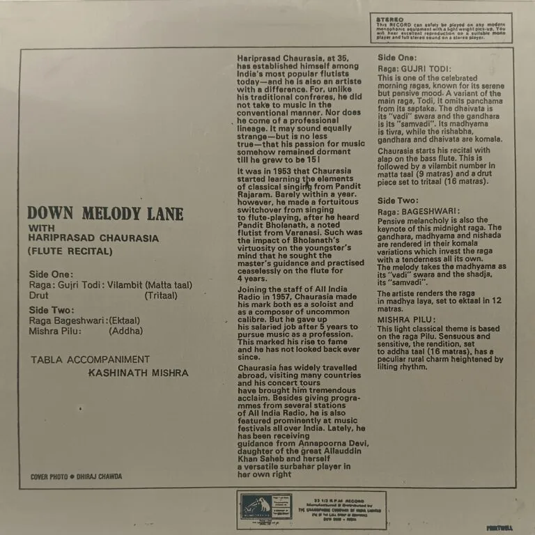 Hari Prasad Chaurasia - Down Melody Lane - ECSD 2733 - Indian Classical Instrumental LP Vinyl Record Hari Prasad Chaurasia - Down Melody Lane - ECSD 2733 - Indian Classical Instrumental LP Vinyl Record
