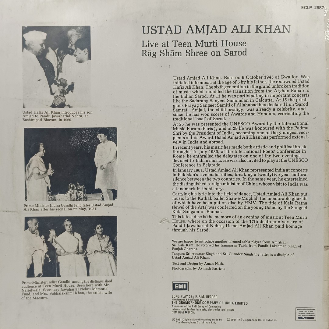 Ustad Amjad Ali Khan - Live At Teen Murti House - ECLP 2887 - (85-90%) - LP Record Ustad Amjad Ali Khan - Live At Teen Murti House - ECLP 2887 - (85-90%) - LP Record