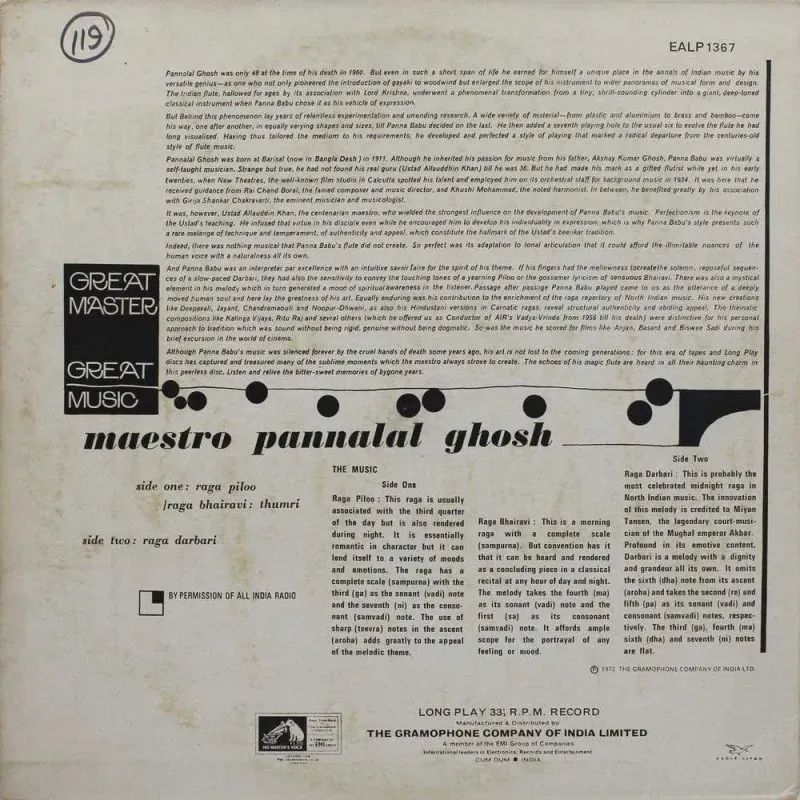 Pannalal Ghosh - Great Master - Great Music - EALP 1367 - Classical Instrumental LP Vinyl Pannalal Ghosh - Great Master - Great Music - EALP 1367 - Classical Instrumental LP Vinyl
