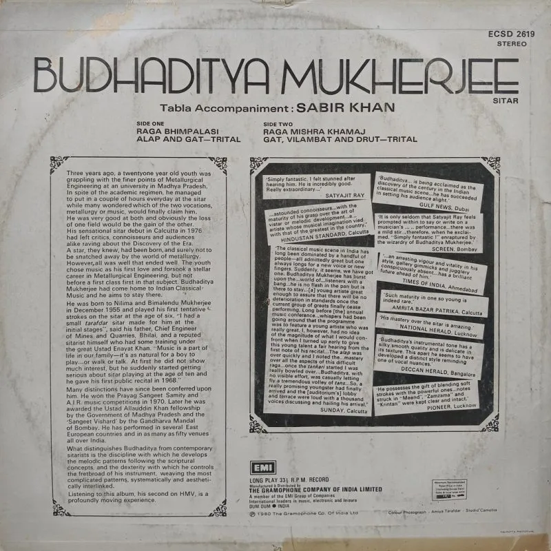 Budhaditya Mukherjee - Sitar - ECSD 2619 - Indian Classical Instrumental LP Vinyl Record Budhaditya Mukherjee - Sitar - ECSD 2619 - Indian Classical Instrumental LP Vinyl Record