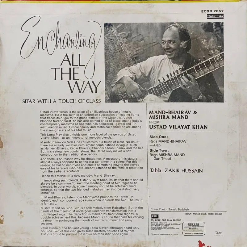 Ustad Vilayat Khan - (Enchanting All The Way) - ECSD 2857 - Indian Classical Instrumental LP Vinyl Record Ustad Vilayat Khan - (Enchanting All The Way) - ECSD 2857 - Indian Classical Instrumental LP Vinyl Record