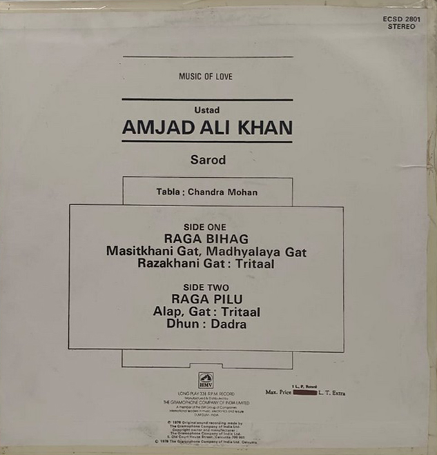 Amjad Ali Khan - Music Of Love - ECSD 2801 - (85-90%) - LP Record Amjad Ali Khan - Music Of Love - ECSD 2801 - (85-90%) - LP Record