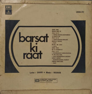 Barsat Ki Raat - LKDA 172 - ODEON - (Condition 90-95%) - Bollywood Rare LP Record