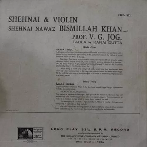 Bismillah Khan & V. G. Jog - EASD 1322 - Indian Classical Instrumental LP Vinyl Record Bismillah Khan & V. G. Jog - EASD 1322 - Indian Classical Instrumental LP Vinyl Record