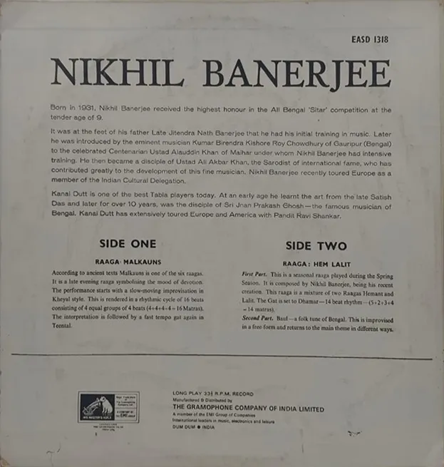 Nikhil Banerjee – Raga - Malkauns & Hem Lalit - EASD 1318 - (Condition 90-95%) - LP Record Nikhil Banerjee – Raga - Malkauns & Hem Lalit - EASD 1318 - (Condition 90-95%) - LP Record