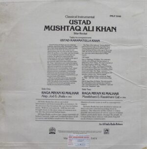 Mushtaq Ali Khan - Sitar Recitel - AIR - PMLP 3046 - (Condition 90-95%) - Indian Classical Instrumental LP Vinyl