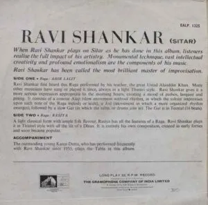 Ravi Shankar – EALP 1325  - Indian Classical Instrumental LP Vinyl Record