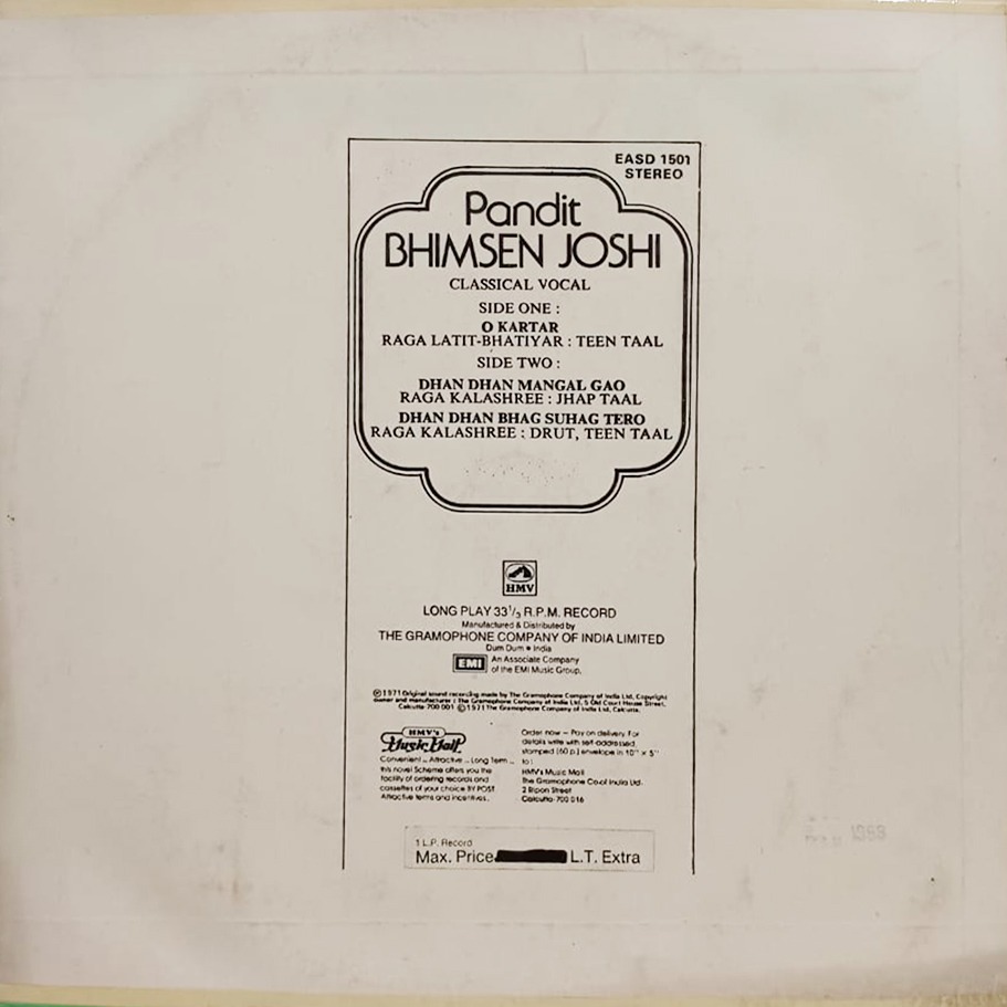 Bhimsen Joshi – EASD 1501 – (Condition 90-95%) – Indian Classical Vocal LP Vinyl Bhimsen Joshi – EASD 1501 – (Condition 90-95%) – Indian Classical Vocal LP Vinyl