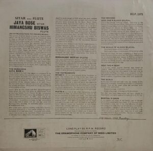 Jaya Bose & Himangshu Biswas - Sitar & Flute - ECLP 2372 - (90-95%) - Indian Classical Instrumental LP Vinyl Record