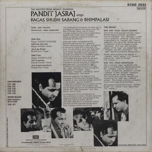 Jasraj Sings Ragas Sudh-Sarang & Bhimpalasi - ECSD 2832 - LP Record Jasraj Sings Ragas Sudh-Sarang & Bhimpalasi - ECSD 2832 - LP Record