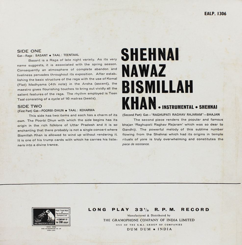 Bismillah Khan - EALP 1306 - (90-95%) - Indian Classical Instrumental LP Vinyl Record Bismillah Khan - EALP 1306 - (90-95%) - Indian Classical Instrumental LP Vinyl Record