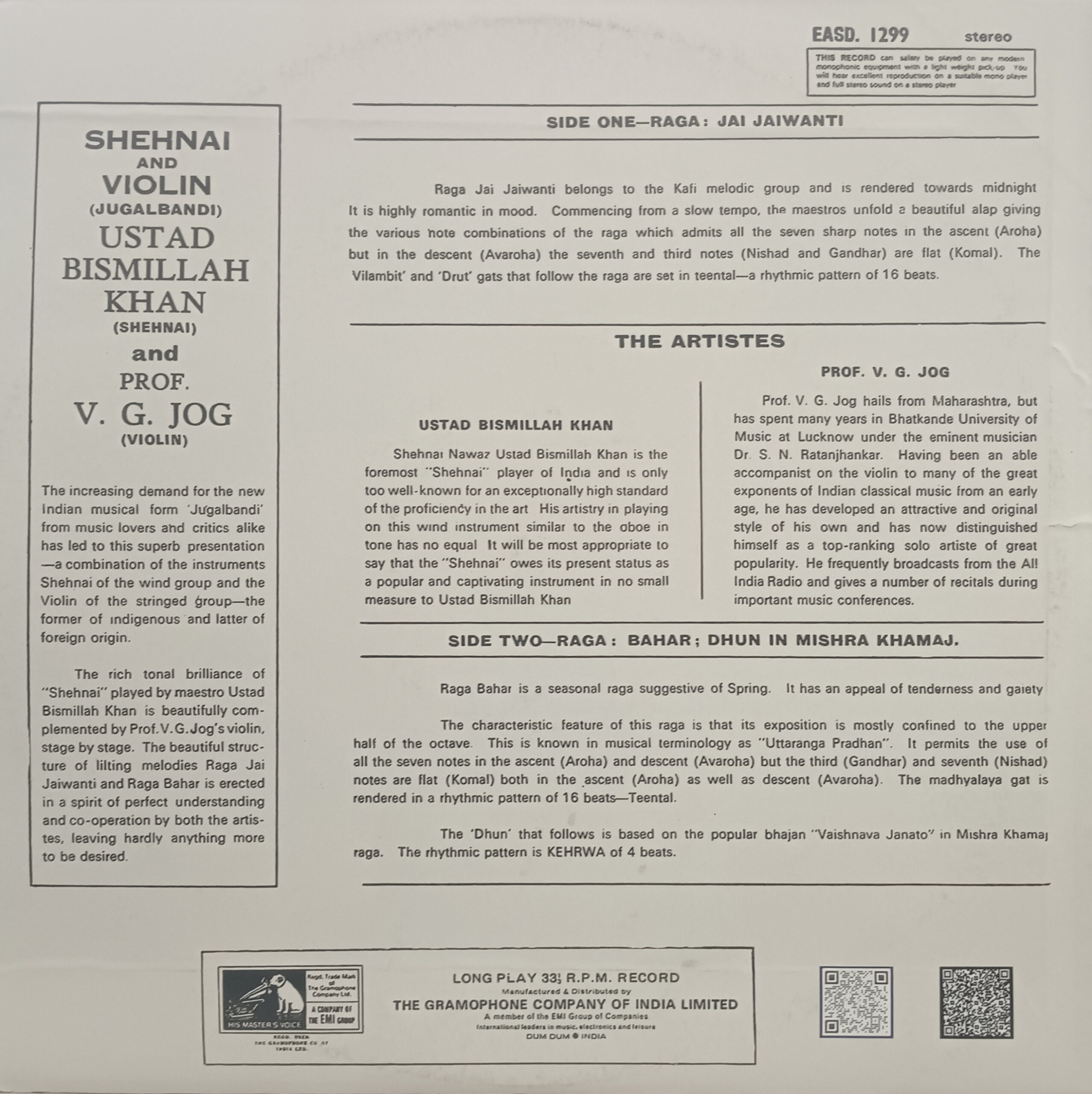 Bismillah Khan And V G Jog – Jugal Bandi - EASD 1299 - HRL - CR - (85-90%) - Indian Classical Instrumental LP Vinyl Record Bismillah Khan And V G Jog – Jugal Bandi - EASD 1299 - HRL - CR - (85-90%) - Indian Classical Instrumental LP Vinyl Record