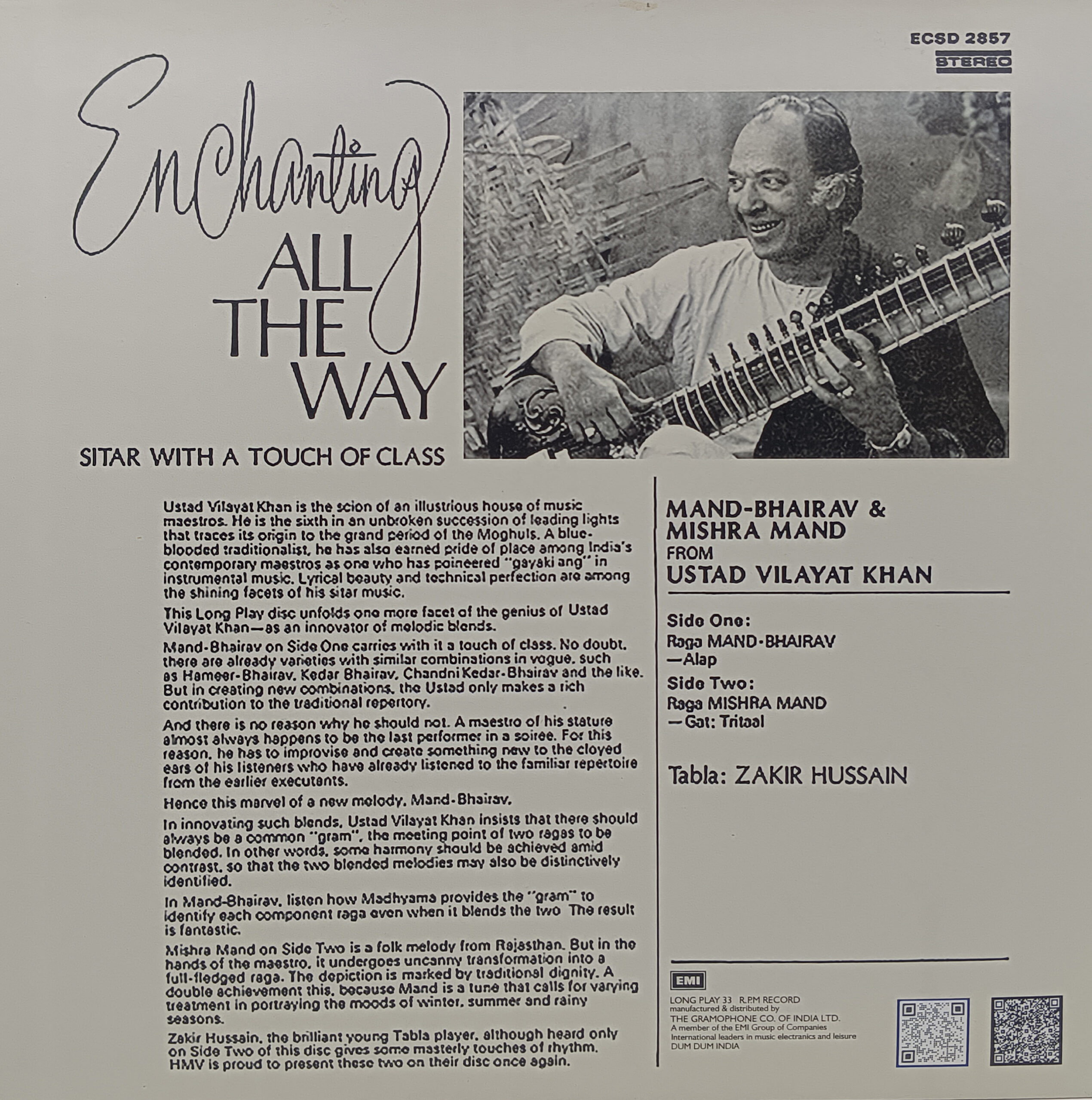 Vilayat Khan - (Enchanting All The Way) - ECSD 2857 - CR - (90-95%) - Indian Classical Instrumental LP Vinyl Record Vilayat Khan - (Enchanting All The Way) - ECSD 2857 - CR - (90-95%) - Indian Classical Instrumental LP Vinyl Record