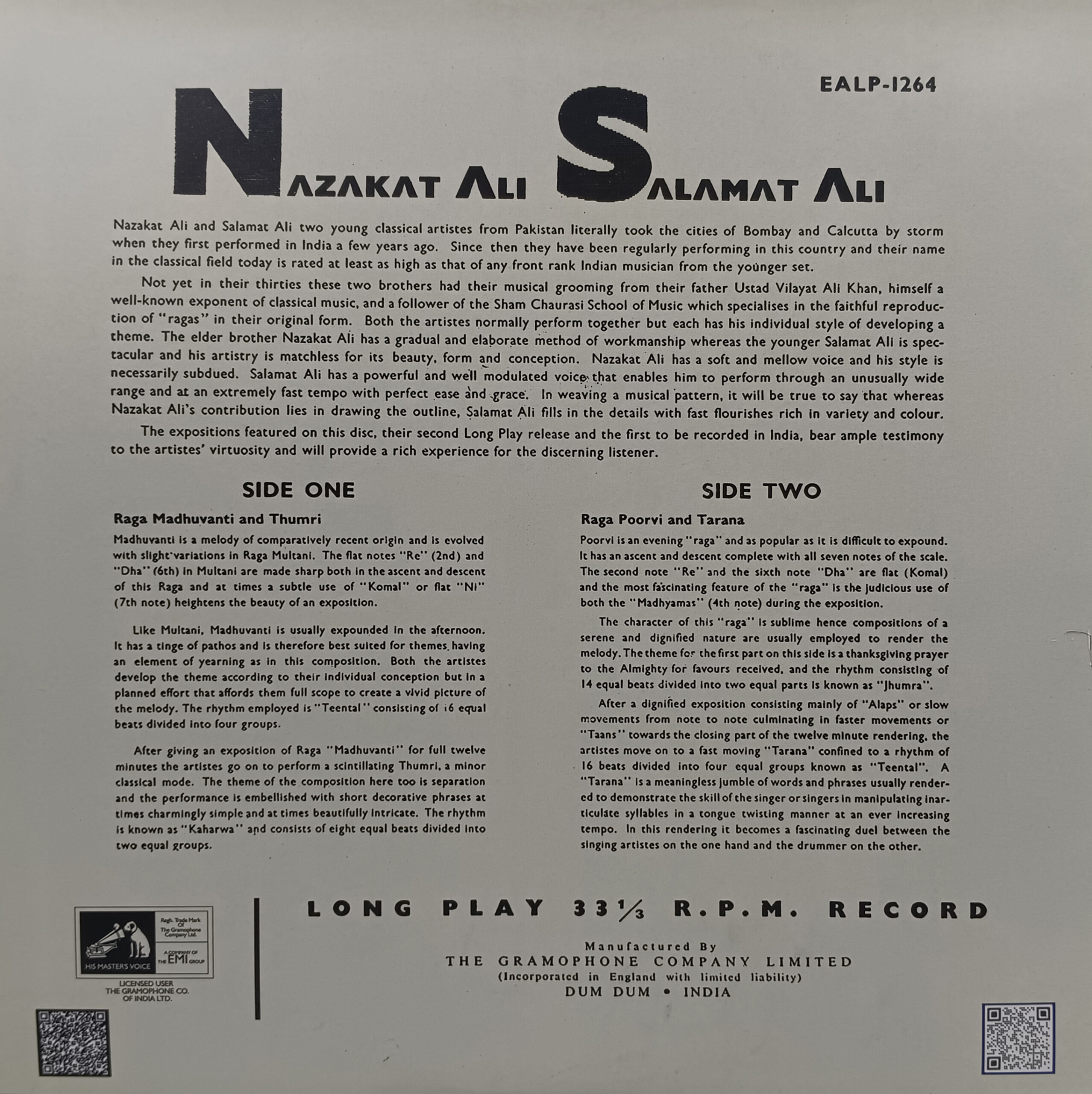 Nazakat Ali Khan & Salamat Ali Khan - EALP 1264 - (Condition 90-95%) - CR - HRL - LP Record Nazakat Ali Khan & Salamat Ali Khan - EALP 1264 - (Condition 90-95%) - CR - HRL - LP Record
