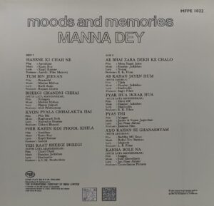 Manna Dey Moods And Memories - MFPE 1022 - CR - (90-95%) - Film Hits LP Vinyl Record