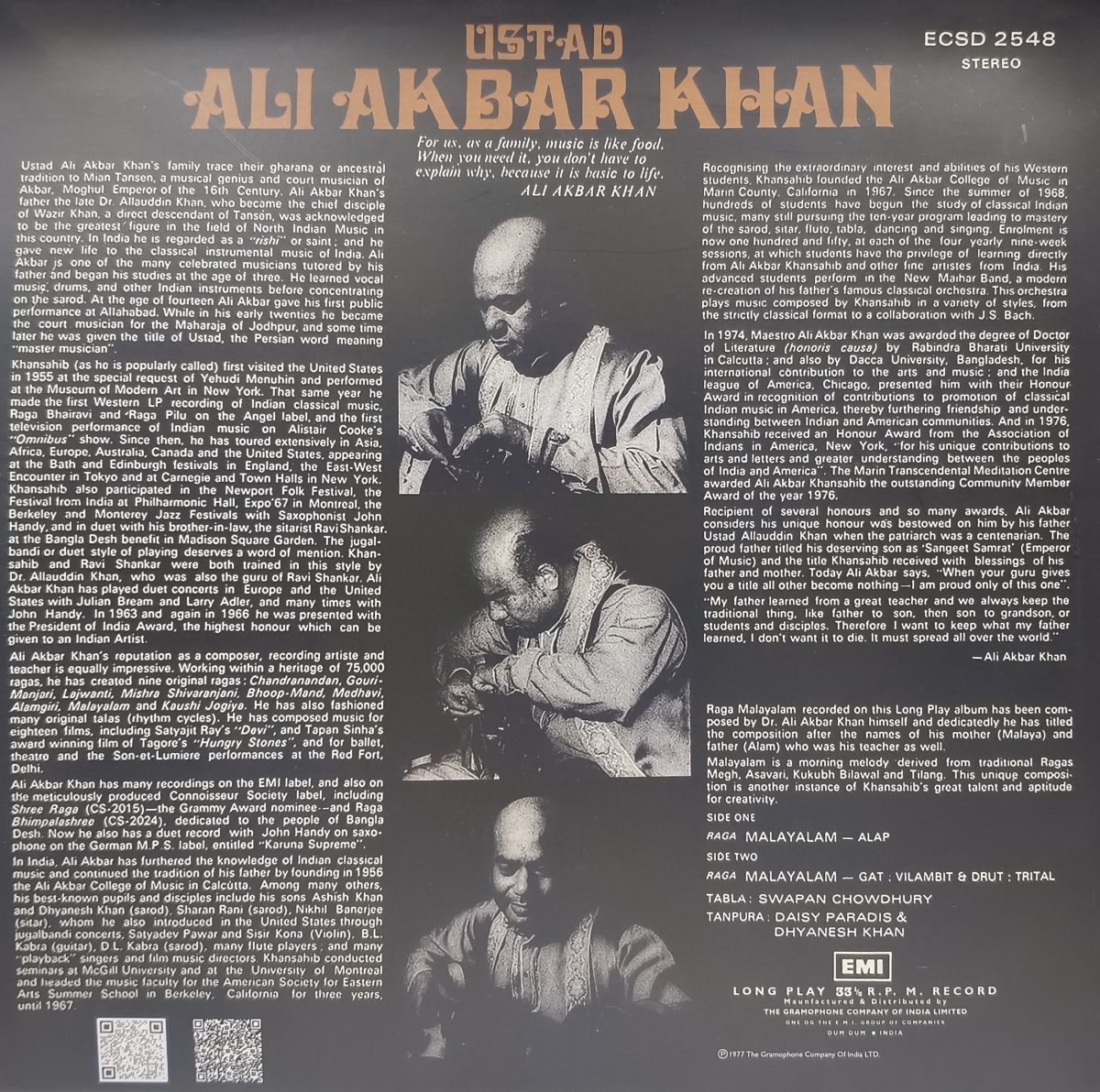 Ali Akbar Khan - ECSD 2548 - CR - (90-95%) - Indian Classical Instrumental LP Vinyl Record Ali Akbar Khan - ECSD 2548 - CR - (90-95%) - Indian Classical Instrumental LP Vinyl Record