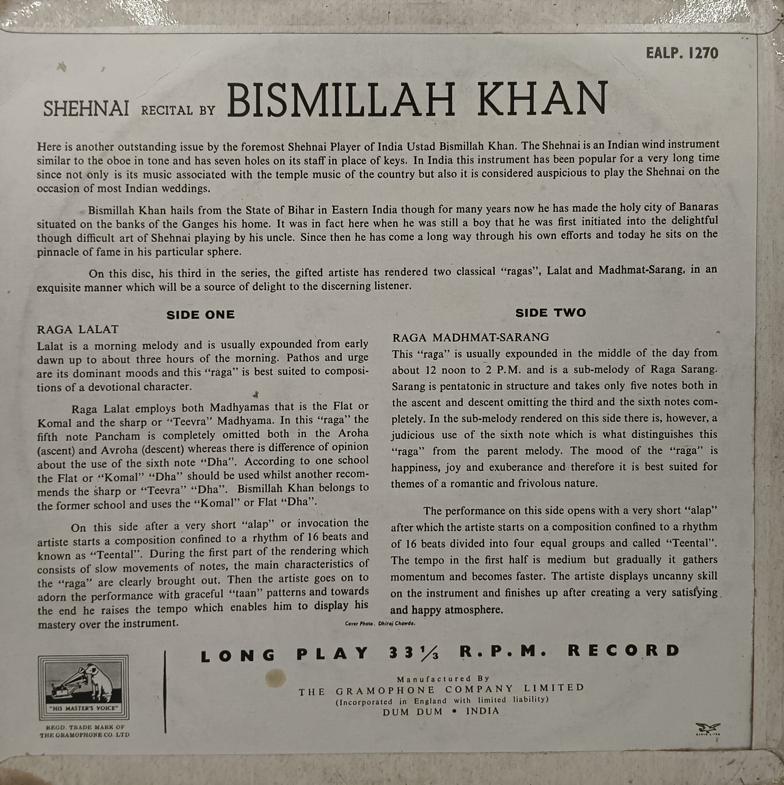 Bismillah Khan - EALP 1270 - (85-90%) - HRL - Indian Classical Instrumental LP Vinyl Bismillah Khan - EALP 1270 - (85-90%) - HRL - Indian Classical Instrumental LP Vinyl
