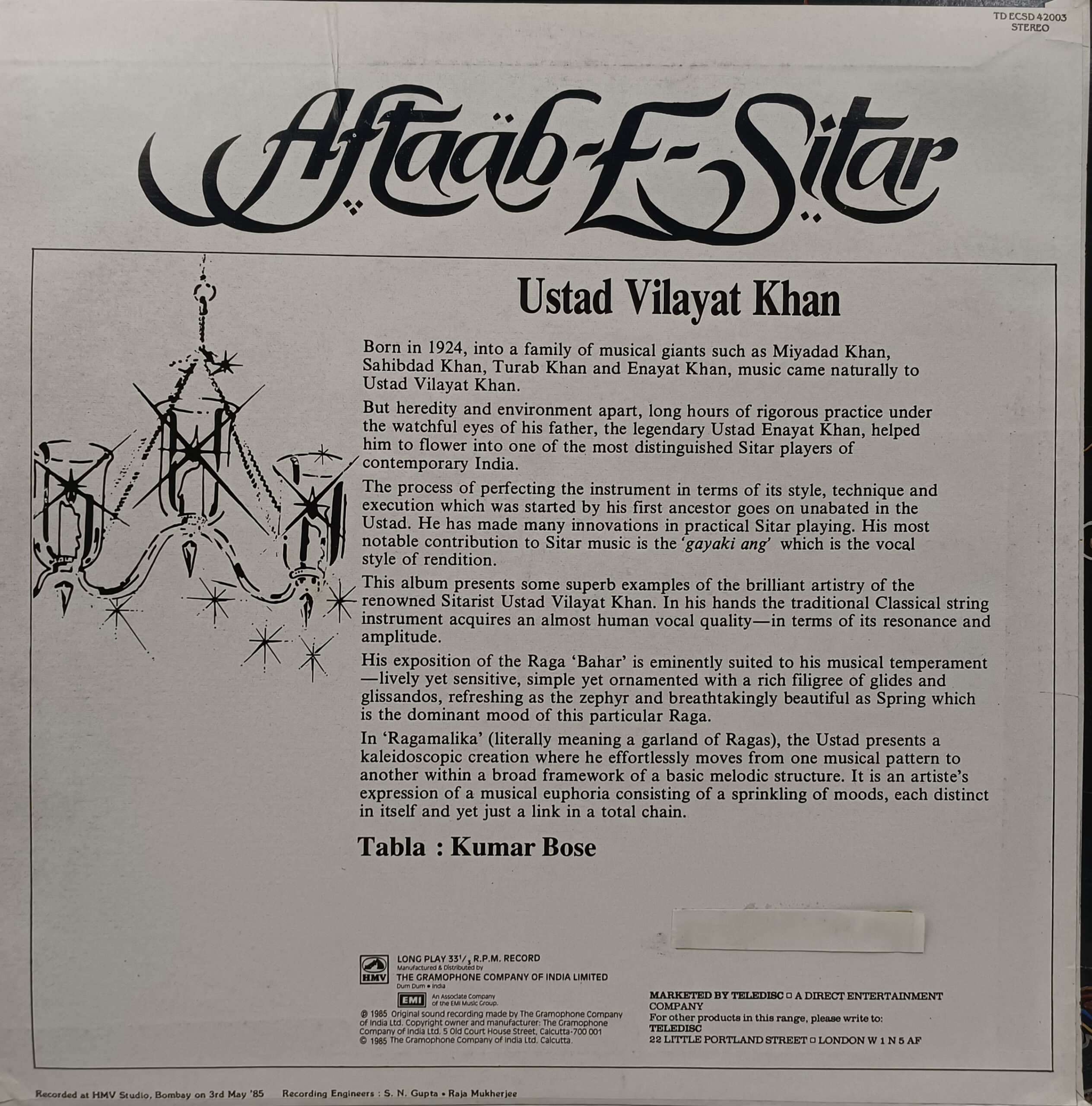 Vilayat Khan – Aftaab-E-Sitar - ECSD 42003 - Indian Classical Instrumental LP Vinyl Record Vilayat Khan – Aftaab-E-Sitar - ECSD 42003 - Indian Classical Instrumental LP Vinyl Record