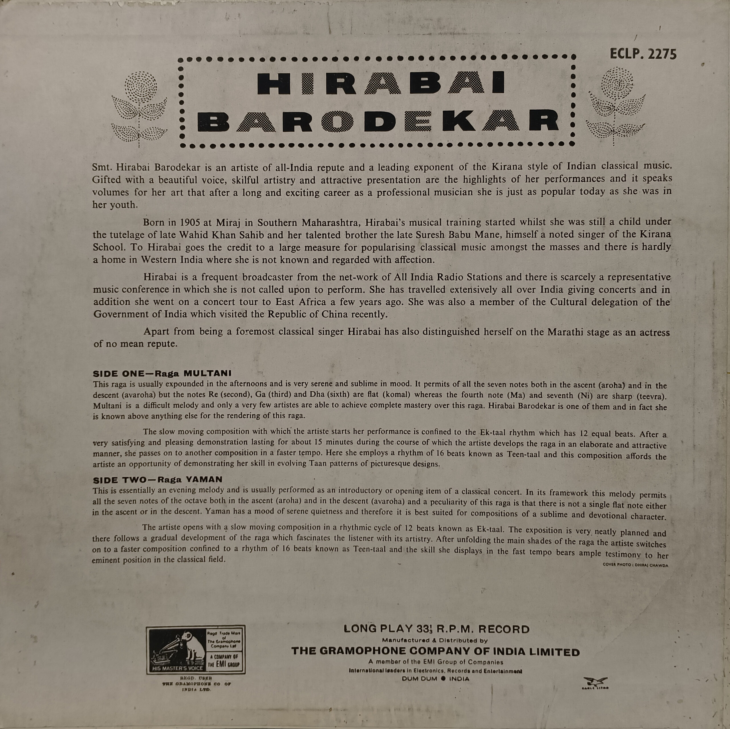 Hirabai Barodekar - ECLP 2275 - Indian Classical Vocal LP Vinyl Hirabai Barodekar - ECLP 2275 - Indian Classical Vocal LP Vinyl