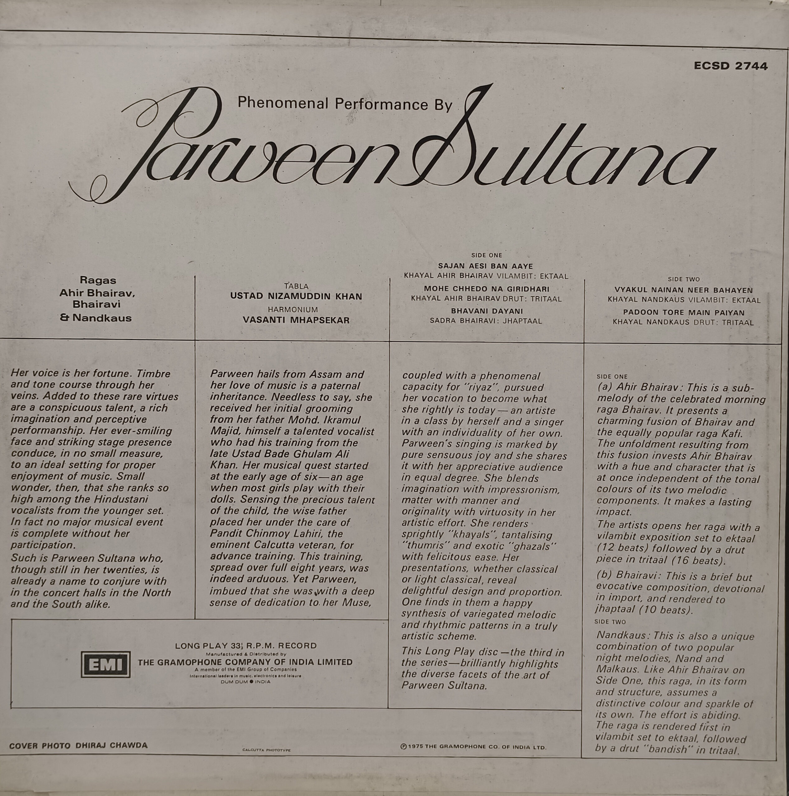 Parween Sultana - ECSD 2744 - Indian Classical Vocal LP Record Parween Sultana - ECSD 2744 - Indian Classical Vocal LP Record