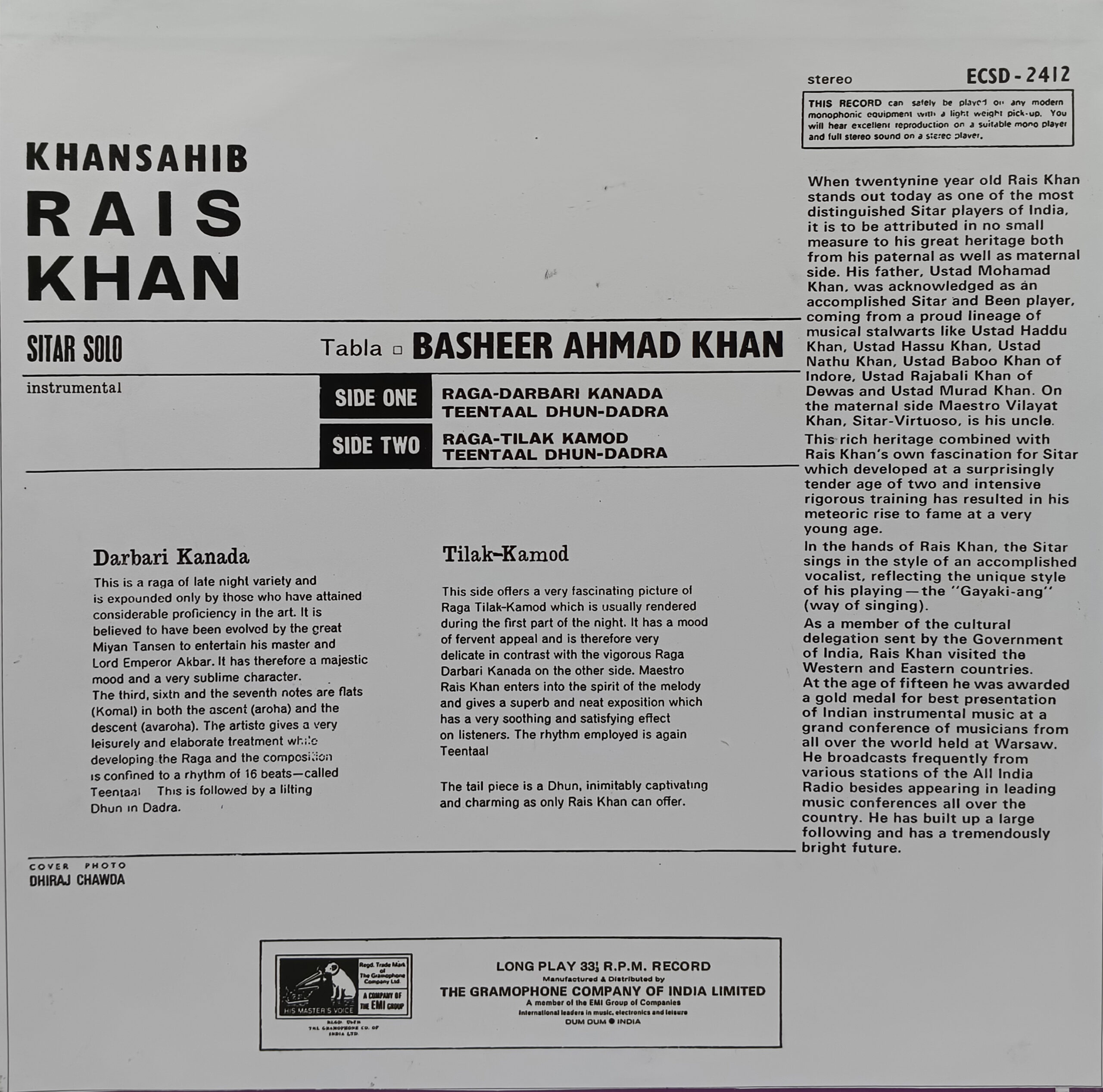 Rais Khan- ECSD 2412 - (85-90%) – CR - Indian Classical Instrumental LP Vinyl Record Rais Khan- ECSD 2412 - (85-90%) – CR - Indian Classical Instrumental LP Vinyl Record