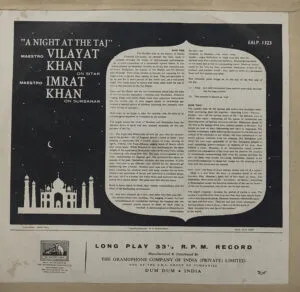A Night At The Taj - EALP 1323 - (85-90%) - HRL - Indian Classical Instrumental LP Vinyl Record