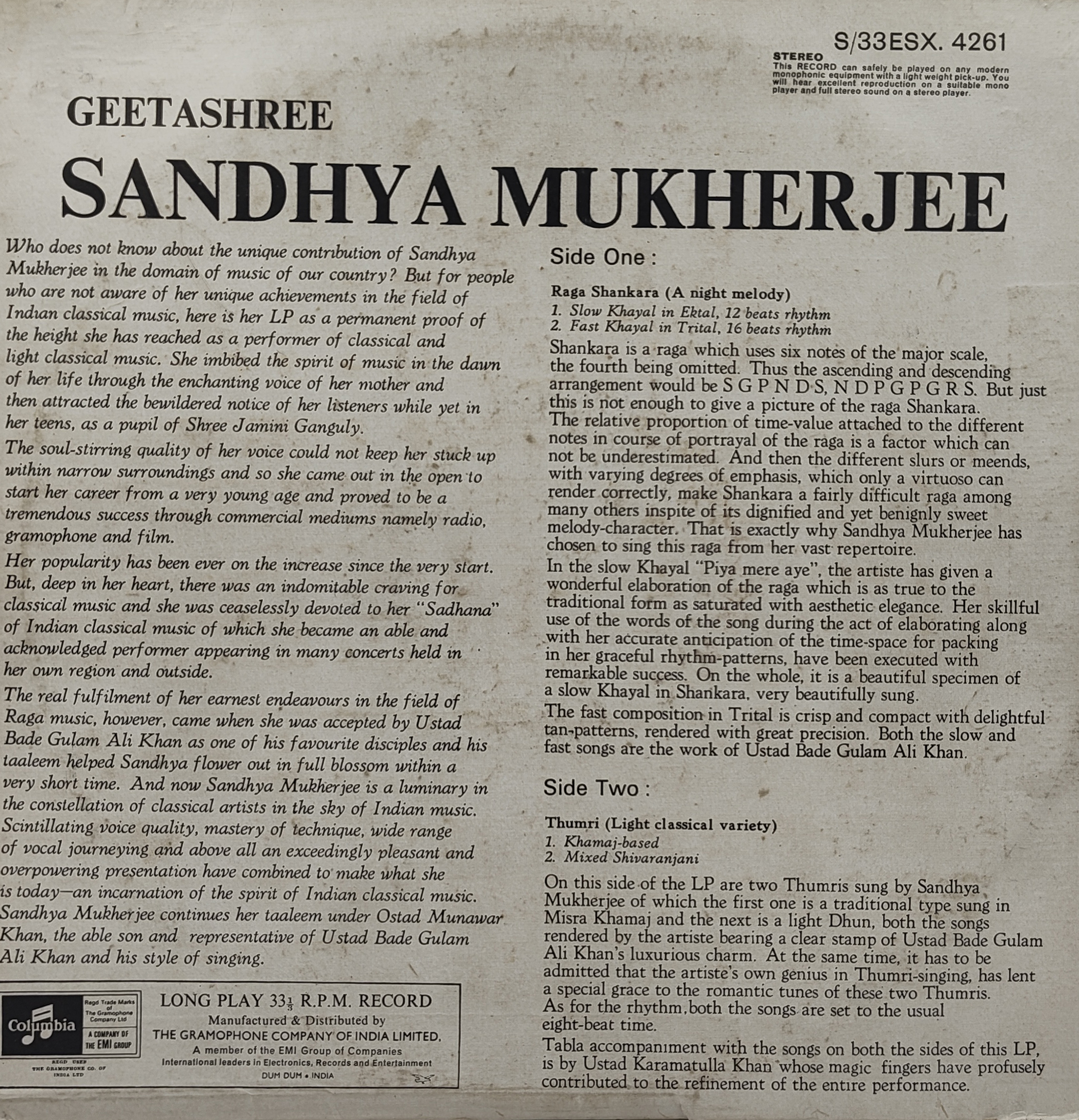 Sandhya Mukherjee - S/33ESX 4261 - (Condition 90-95%) - Indian Classical Vocal LP Vinyl Record Sandhya Mukherjee - S/33ESX 4261 - (Condition 90-95%) - Indian Classical Vocal LP Vinyl Record