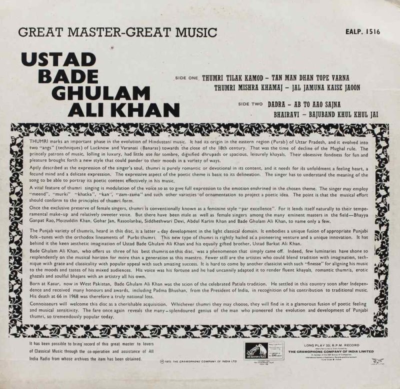 Bade Ghulam Ali - EALP 1516 - Indian Classical Vocal LP Vinyl Record Bade Ghulam Ali - EALP 1516 - Indian Classical Vocal LP Vinyl Record