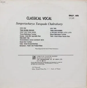Sangeetacharya Tarapada Chakraborty - EALP 1478 - Indian Classical Vocal LP Record