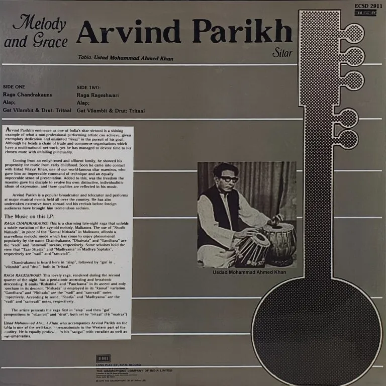 Arvind Parikh - Melody and Grace - ECSD 2911 - Indian Classical Instrumental LP Vinyl Record Arvind Parikh - Melody and Grace - ECSD 2911 - Indian Classical Instrumental LP Vinyl Record